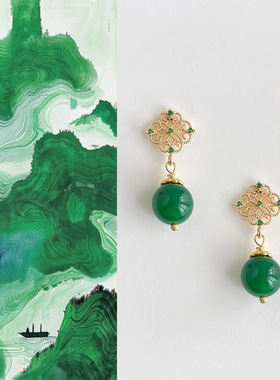 国风手作几何圆形绿玛瑙耳环新中式镂空纹样锆石耳钉宫廷风耳饰品