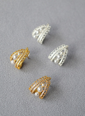 法式宫廷风小众设计感复古文艺闪钻镂空蕾丝花边925银针耳钉耳饰