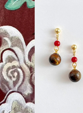 溪畔亭风~新中式文艺复古几何红玛瑙耳环个性小众民族风耳钉耳饰