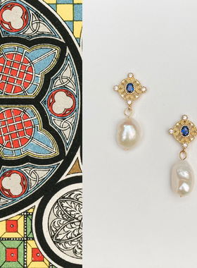 原创手作法式复古锆石淡水珍珠耳钉气质耳环轻奢百搭高级感耳饰品
