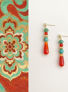 国风手作天然红玛瑙水滴串珠耳环文艺复古民族风新中式流苏耳饰女