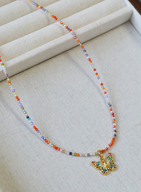 日韩小众清新甜美彩色锆石串珠手工珐琅飞舞的蝴蝶简约项链锁骨链
