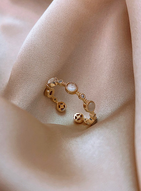 14K真金电镀小圆形猫眼石戒指女轻奢时尚个性ins潮开口可调节指环