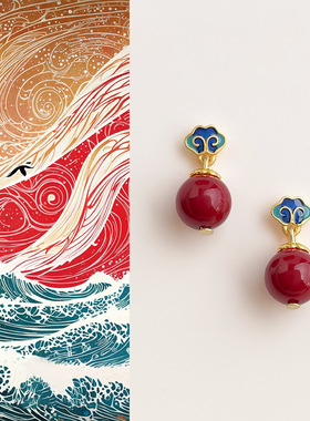 国风手作新中式天然红玛瑙珐琅滴釉纹样耳环复古民族风高级感耳饰