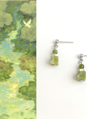 国风原创手作天然岫玉耳钉文艺复古耳环古风新中式小众设计感耳饰