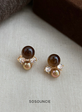 美拉德风 文艺复古天然石虎眼石925银针锆石几何耳钉新款耳饰