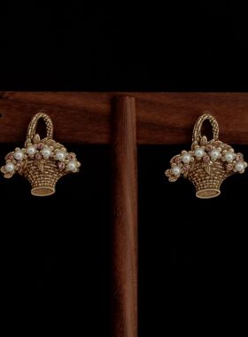 中古风vintage耳环粉锆珍珠素金花篮耳钉电镀真金925银针耳饰