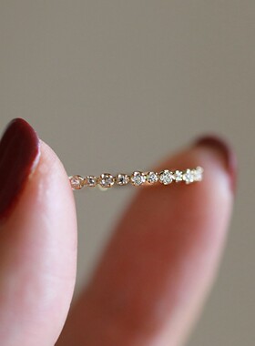 S925纯银镀14K金唯美排钻气质锆石戒指指环精致甜美叠戴