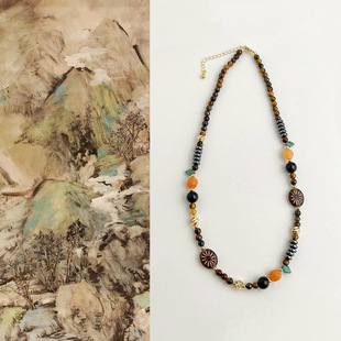 国风手作虎眼石仿捷克琉璃串珠项链文艺复古民族风毛衣链设计感