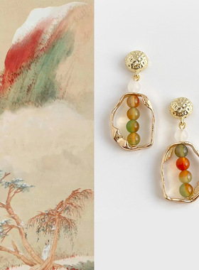 国潮原创手作几何镂空玛瑙耳环古风新中式创意耳钉小众设计感耳饰