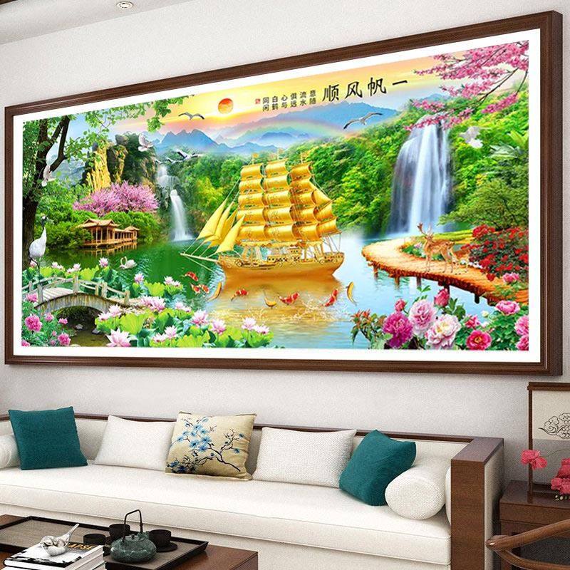 一帆风顺钻石画满钻2024新款点粘贴钻十字绣客厅风景山水画砖石秀