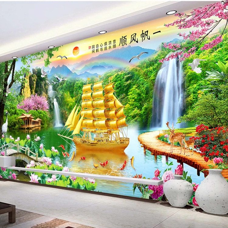 一帆风顺钻石画满钻2023新款点粘贴钻十字绣客厅风景山水画砖石秀