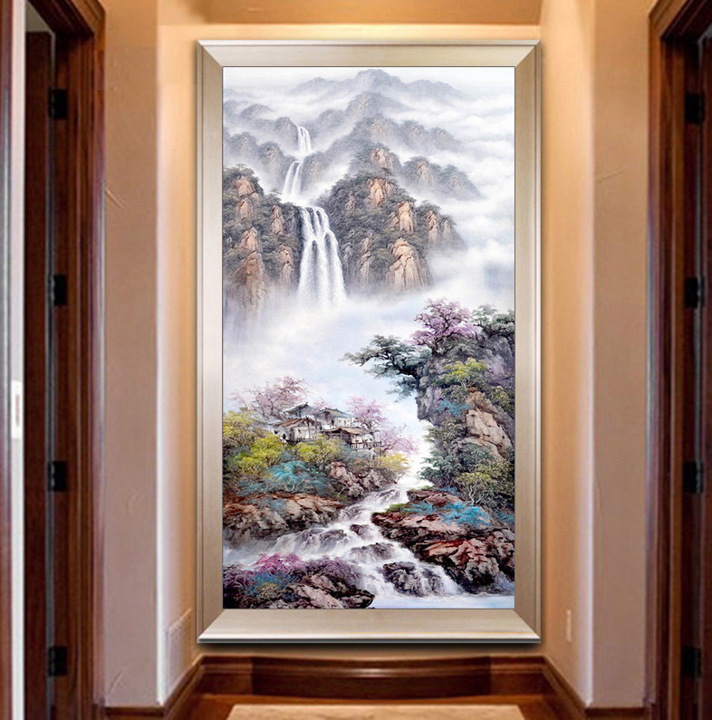 5d钻石画满钻高山流水点粘钻十字绣山水画风景画竖版玄关2023新款