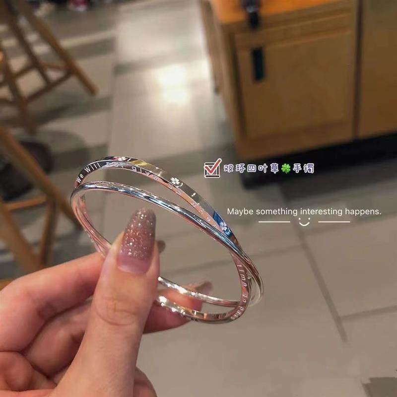 双环四叶草纯银手镯9999足银女光面实心闭口镯子年轻款送女友礼物
