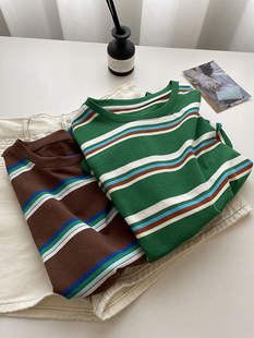 柠波家。配色出彩撞色绿条纹短袖T恤女夏宽松显瘦圆领休闲上衣潮