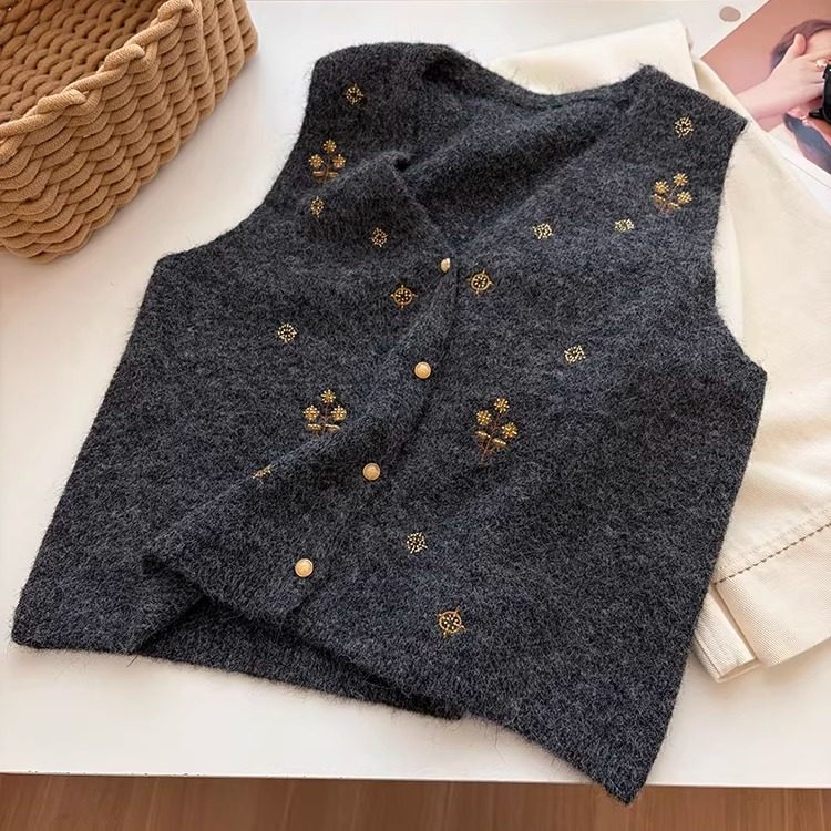 小众钉珠复古V领深灰色马甲女