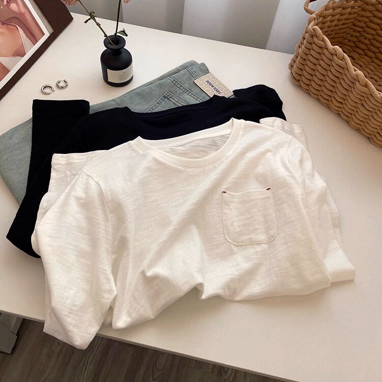 柠波家。简约口袋圆领竹节棉长袖T恤女秋宽松显瘦百搭白色打底衫