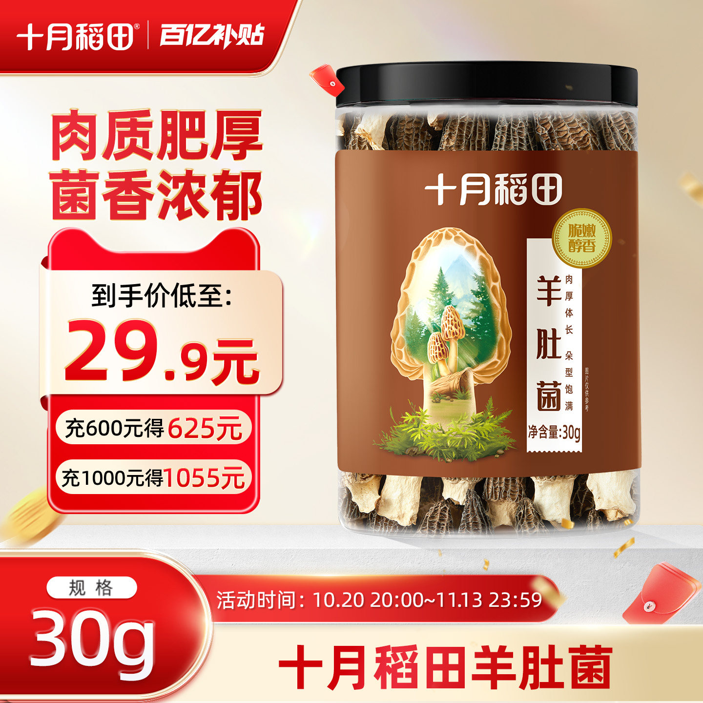 十月稻田羊肚菌30g干货煲汤个大饱满肉质肥厚有嚼劲独立罐装