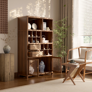 老榆木新中式餐边柜家具小多宝阁禅意收纳柜胡桃色茶叶柜实木客厅