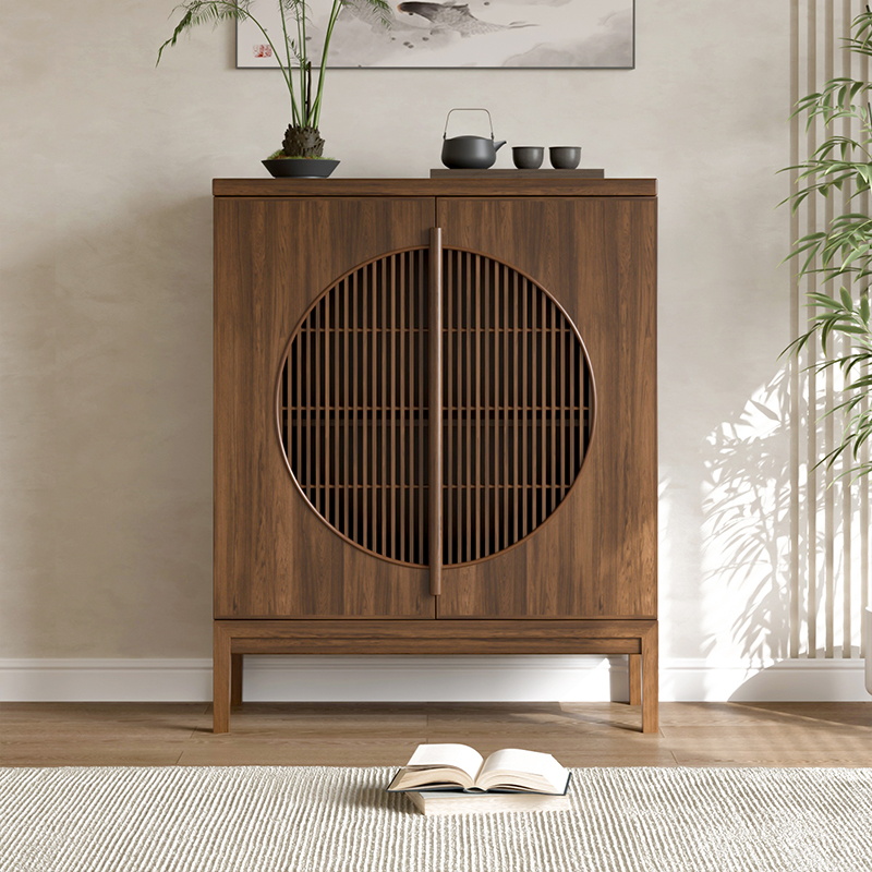 新中式餐边柜客厅靠墙明月柜储物鞋柜禅意茶叶柜黑胡桃木色玄关柜