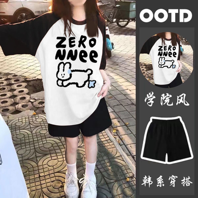 Girl Wear New Arrival Summer Two-Piece Suit Loose Short Sleeve T-shirt Top Sports Knee Length Shorts Ins Children's — 8