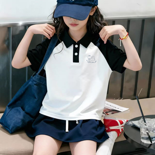 中大童polo衫韩版夏季新款学院风短袖T恤女童甜美翻领印花上衣潮