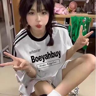 美式潮牌三条杠条纹短袖T恤女大童夏季初中学生宽松半袖纯棉上衣
