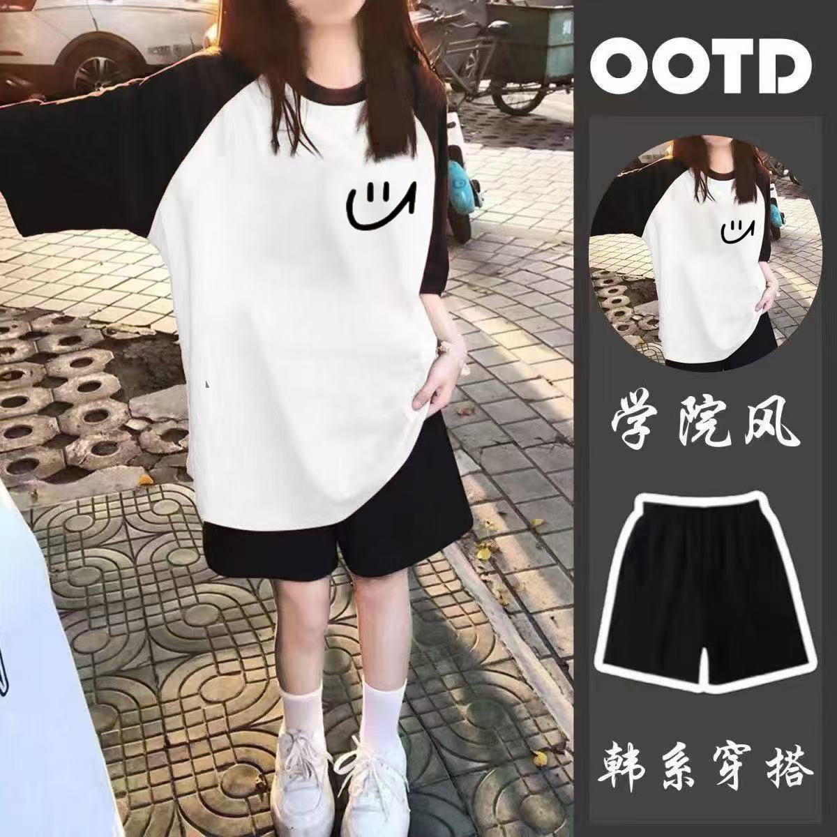 新款两件套女童夏季套装洋气时尚纯棉T恤上衣休闲宽松五分短裤