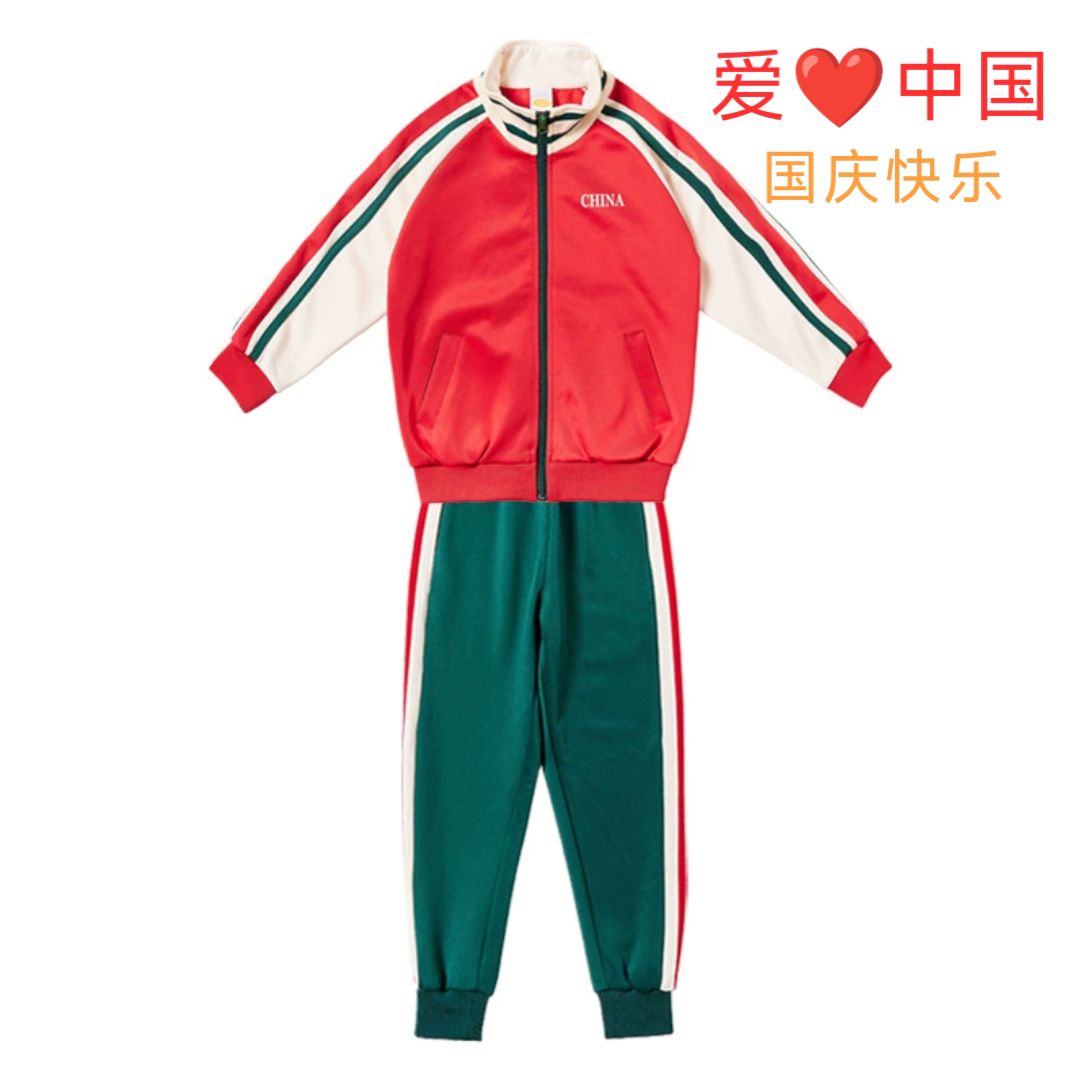 国庆中国风2026新款秋季男童纯棉红色运动休闲套装女童潮服亲子装