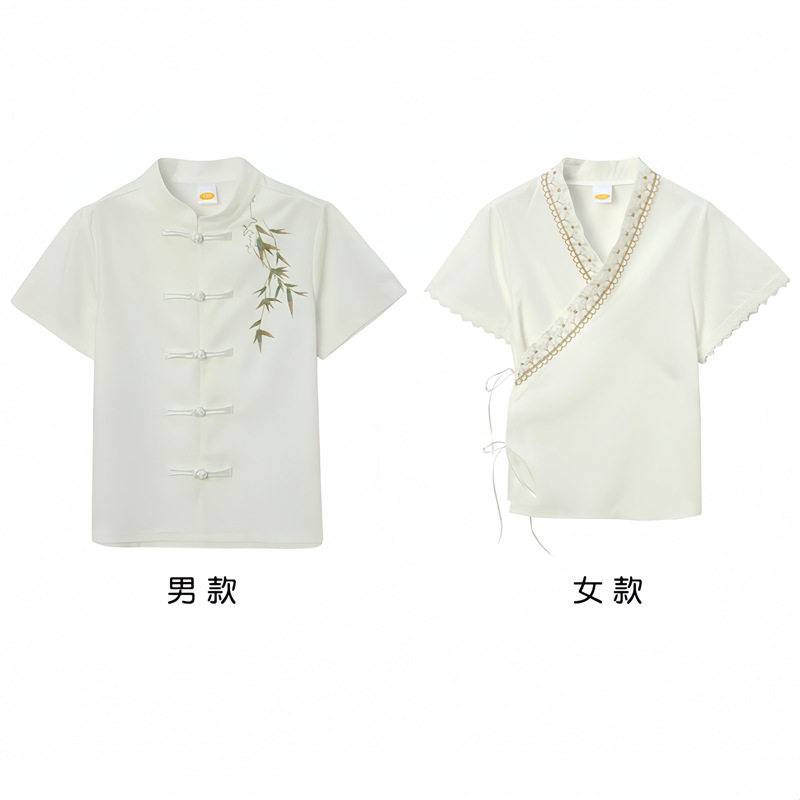 国潮风2026男童女童纯棉唐装短袖上衣夏季衬衫中式刺绣全家福古风
