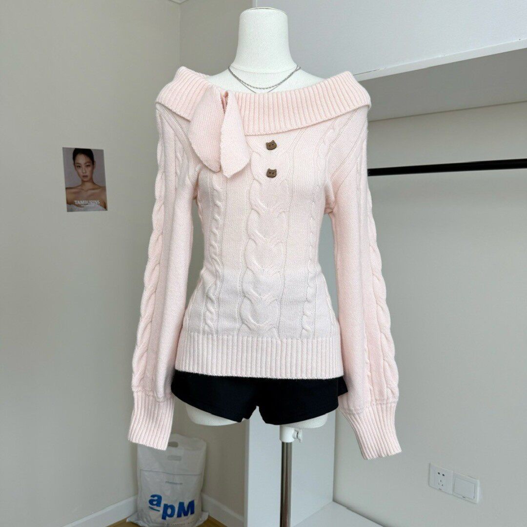 秋冬新款复古甜心风蝴蝶结圆领套头毛衣女收腰显瘦慵懒麻花针织衫