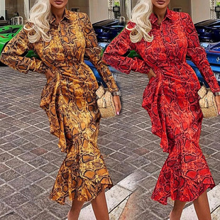 中长印花鱼尾连衣裙女装 长袖 欧美女士时尚 FC775现货2022秋冬新款