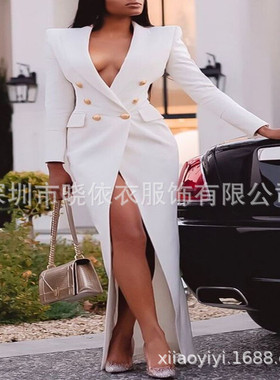 亚马逊跨境欧美新款气质通勤白色流行长款无腰带英伦收腰风衣外套