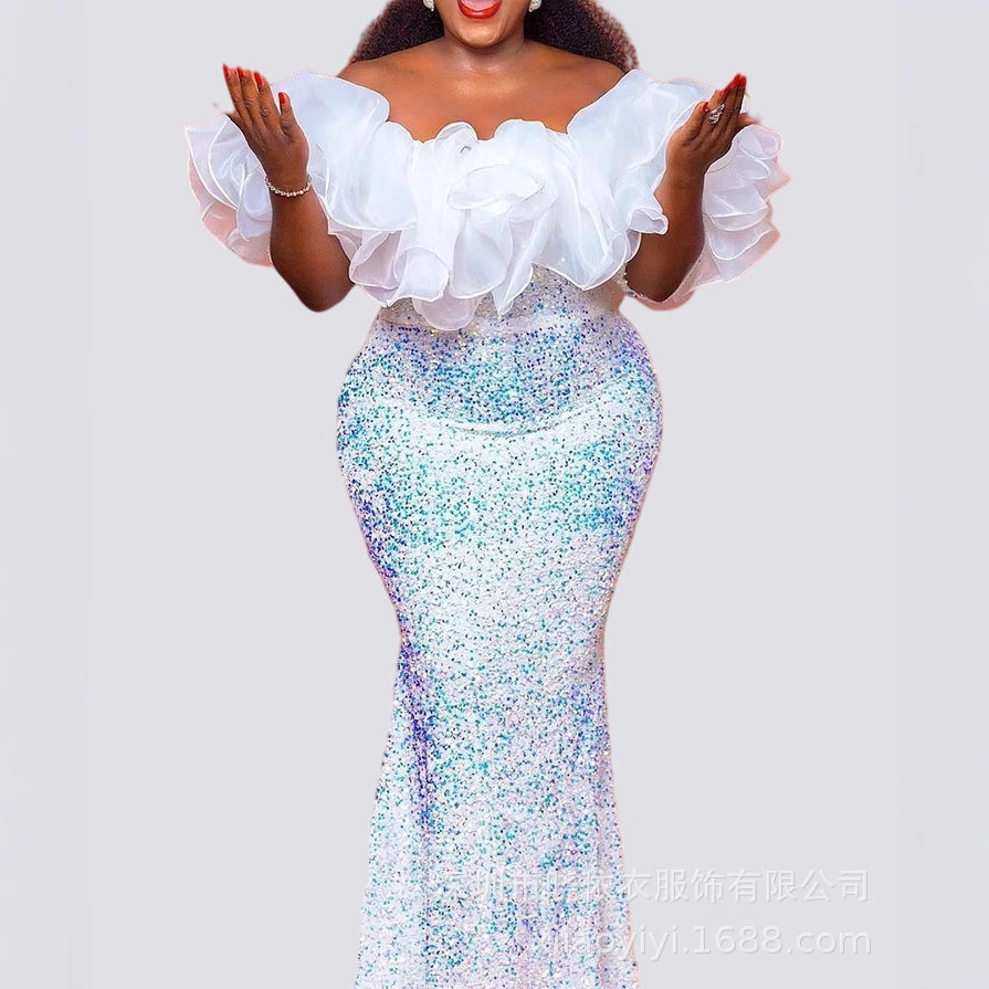 亚马逊跨境欧美新款一字肩性感裹胸珠片绣大码女装修身连衣裙礼服