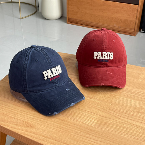 PARIS刺绣做旧破洞棒球帽子女