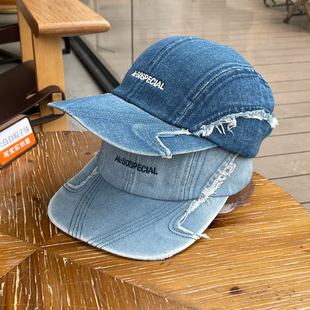 做旧平帽檐洗牛仔布棒球帽子女宽檐显脸小字母刺绣出游鸭舌帽子男