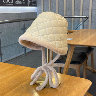 系绳夹棉渔夫帽子女秋冬显脸小保暖加绒雷锋帽子东北骑车防风冷帽