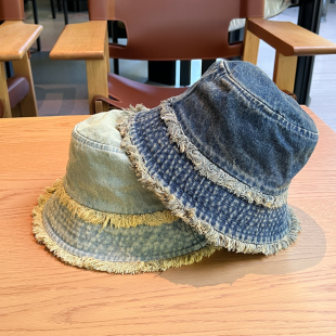 复古水洗牛仔毛边渔夫帽子女辣妹风街头潮酷显脸小素颜水桶盆帽