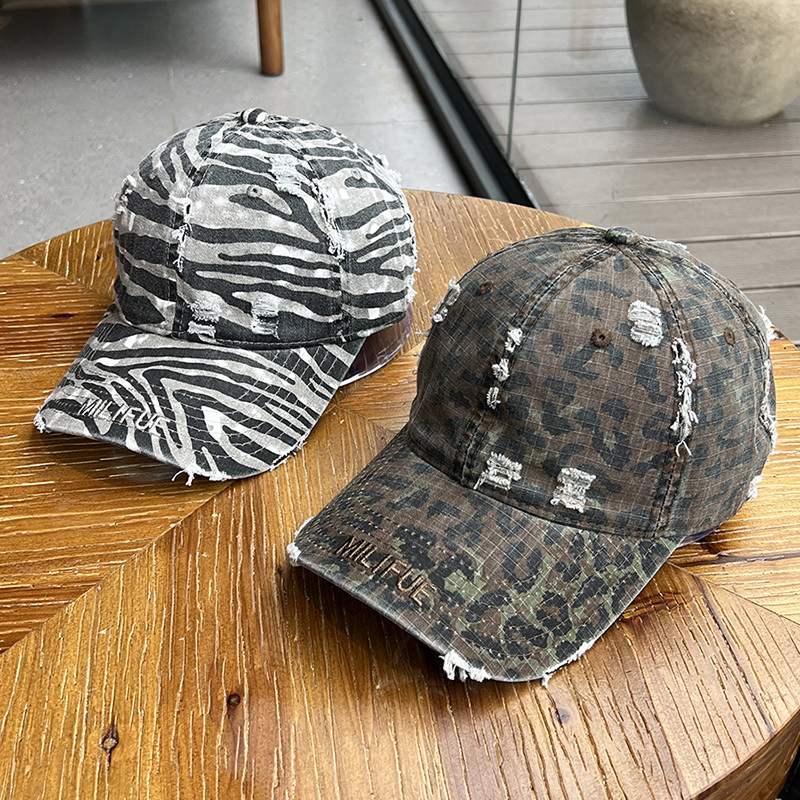 情侣款复古破洞迷彩大头棒球帽女宽帽檐显脸小防晒遮阳鸭舌帽男潮