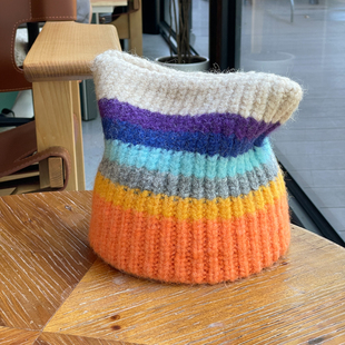 可爱护耳彩虹猫耳朵毛绒针织帽子女秋冬季保暖套头毛线帽2025潮帽