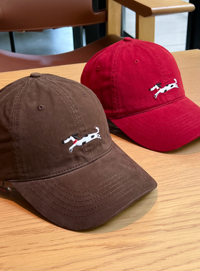 王玉雯同款快乐小狗大红色鸭舌帽子女斑点腊肠狗刺绣情侣棒球帽男