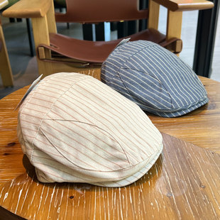 25新款 日系条纹贝雷帽女春夏透气文艺复古画家帽鸭舌帽条纹前进帽