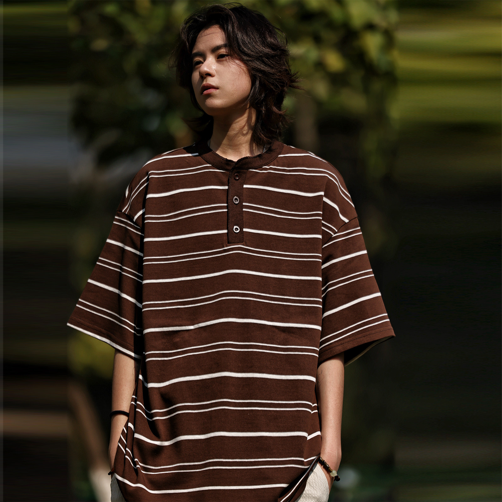 Nobodyknows美式复古亨利领条纹短袖T恤男季潮牌宽松休闲半袖上衣