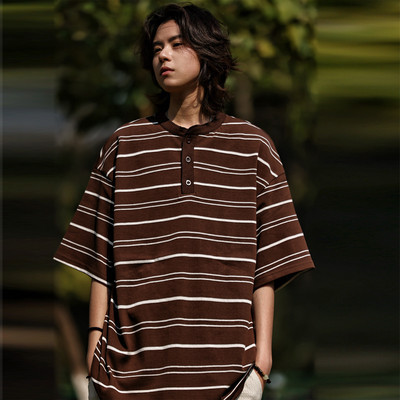Nobodyknows美式复古亨利领条纹短袖T恤男季潮牌宽松休闲半袖上衣