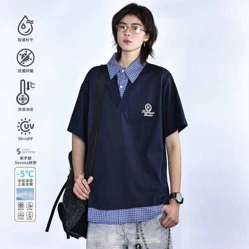 美式复古格纹拼接POLO衫短袖