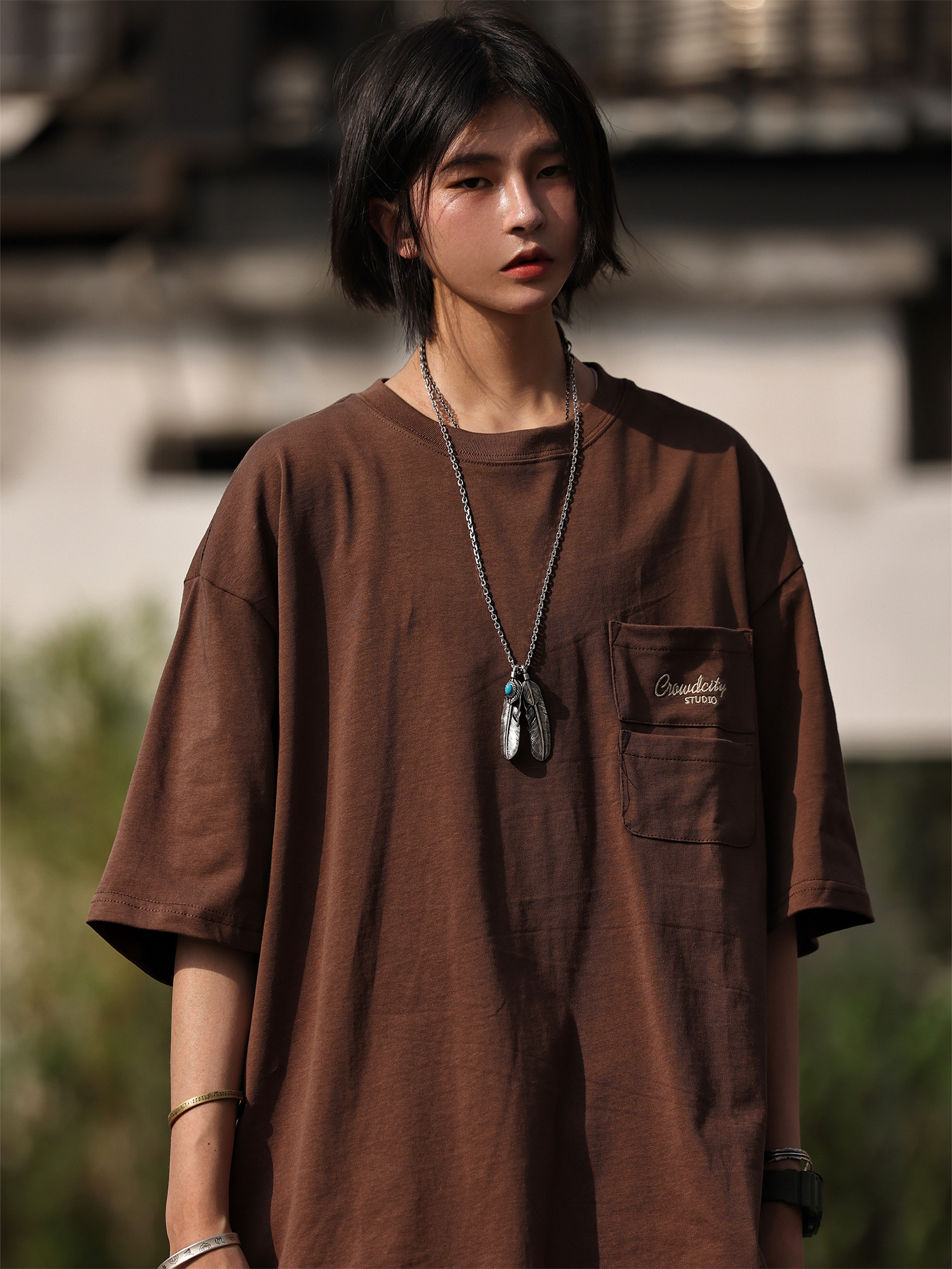 Nobodyknows夏季山系口袋纯棉复古刺绣字母短袖男女宽松百搭半袖