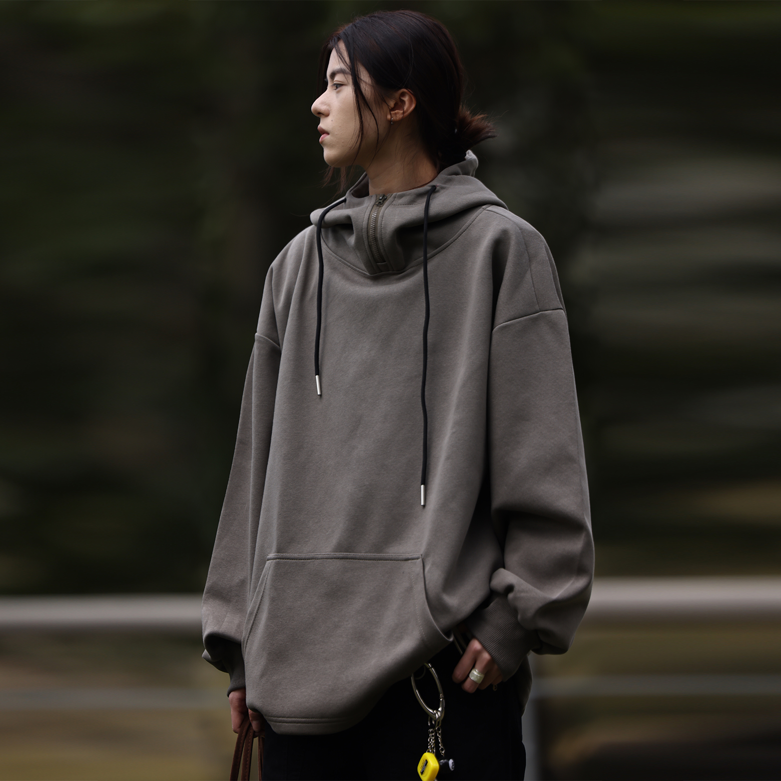 半拉链复古连帽卫衣宽松