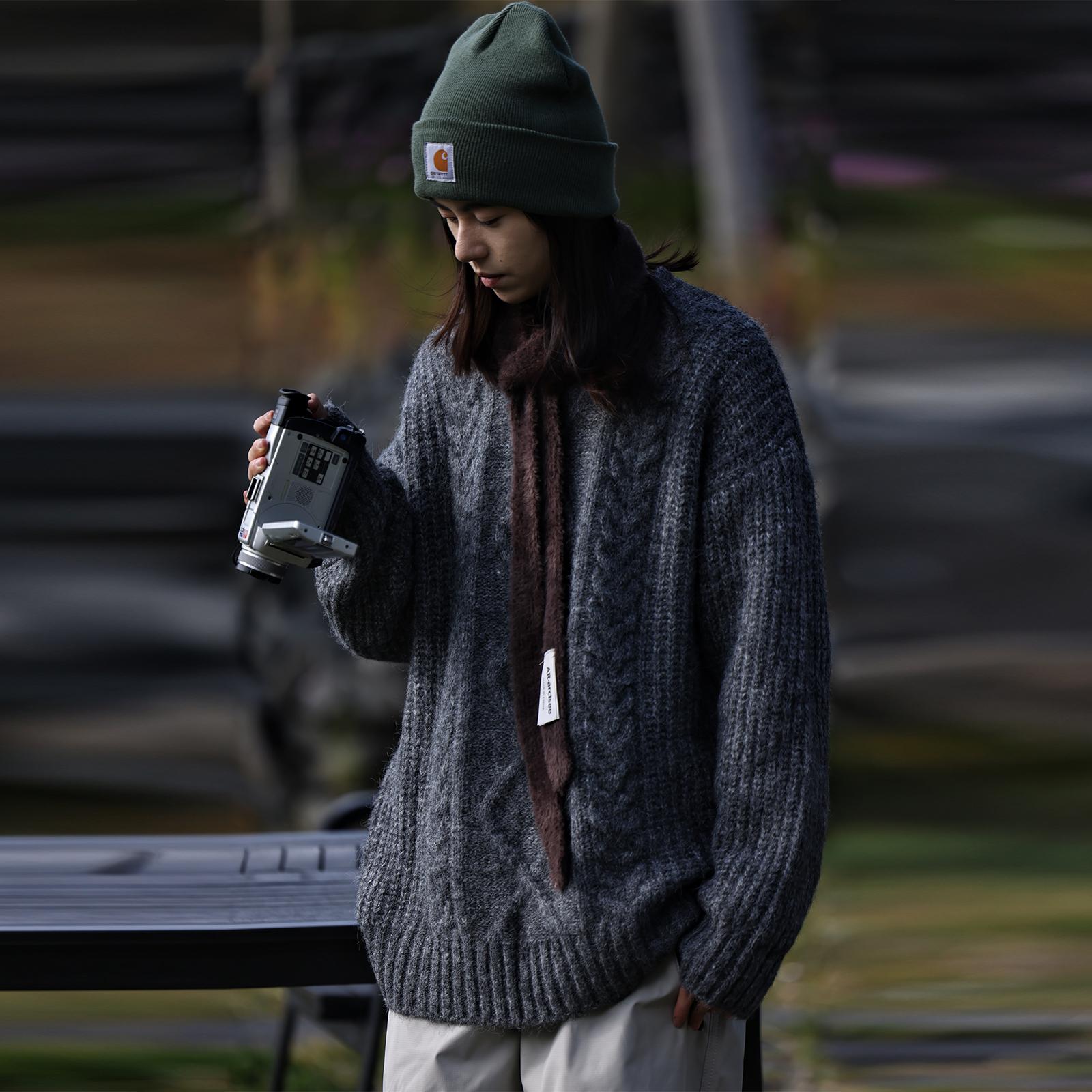 Nobodyknows冬季阿美咔叽复古麻花菱格套头针织毛衣圆领男女同款