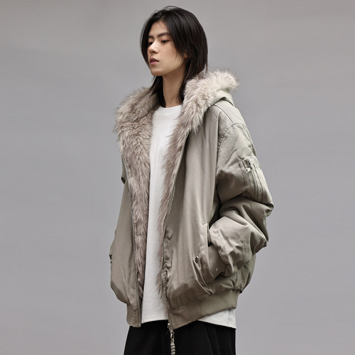 加厚毛领双面穿连帽夹克棉服