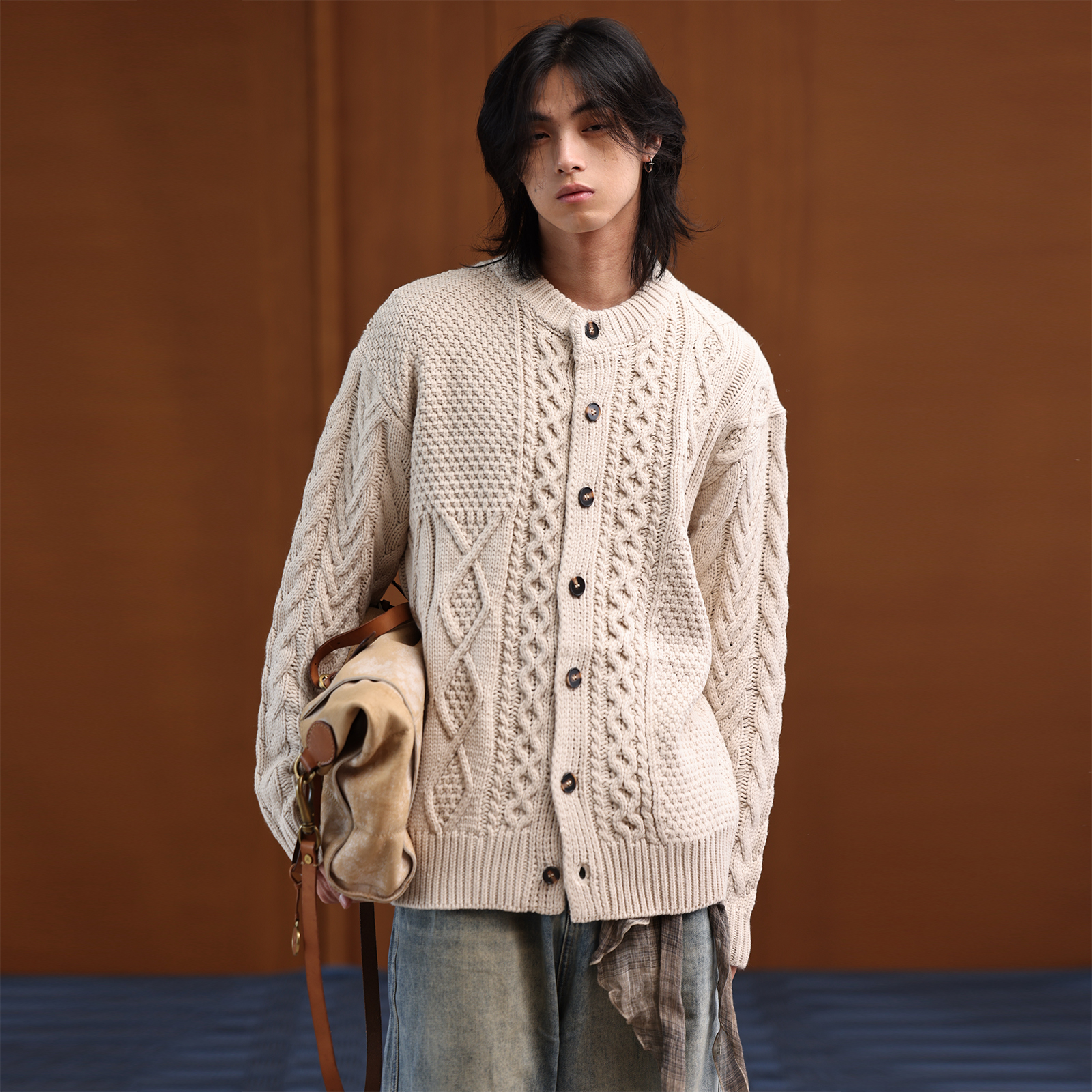 美式复古麻花针织开衫毛衣外套